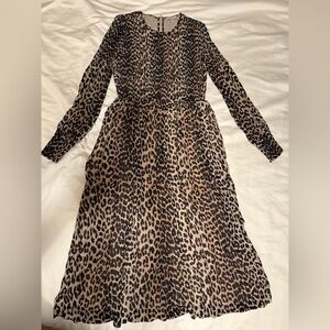 Ganni Leopard Animal Print Smocked Midi Dress